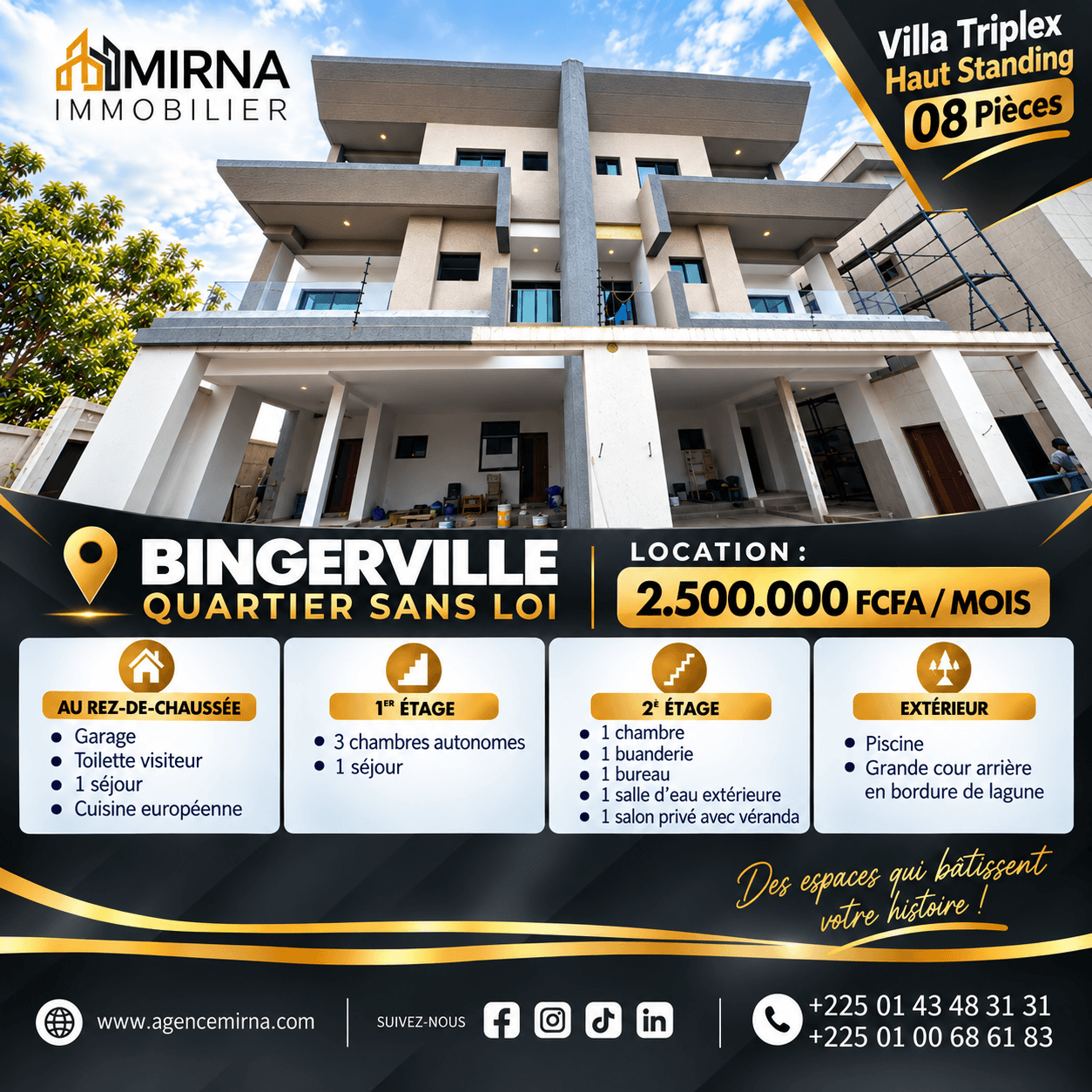 VILLA TRIPLEX HAUT STANDING À LOUER À BINGERVILLE